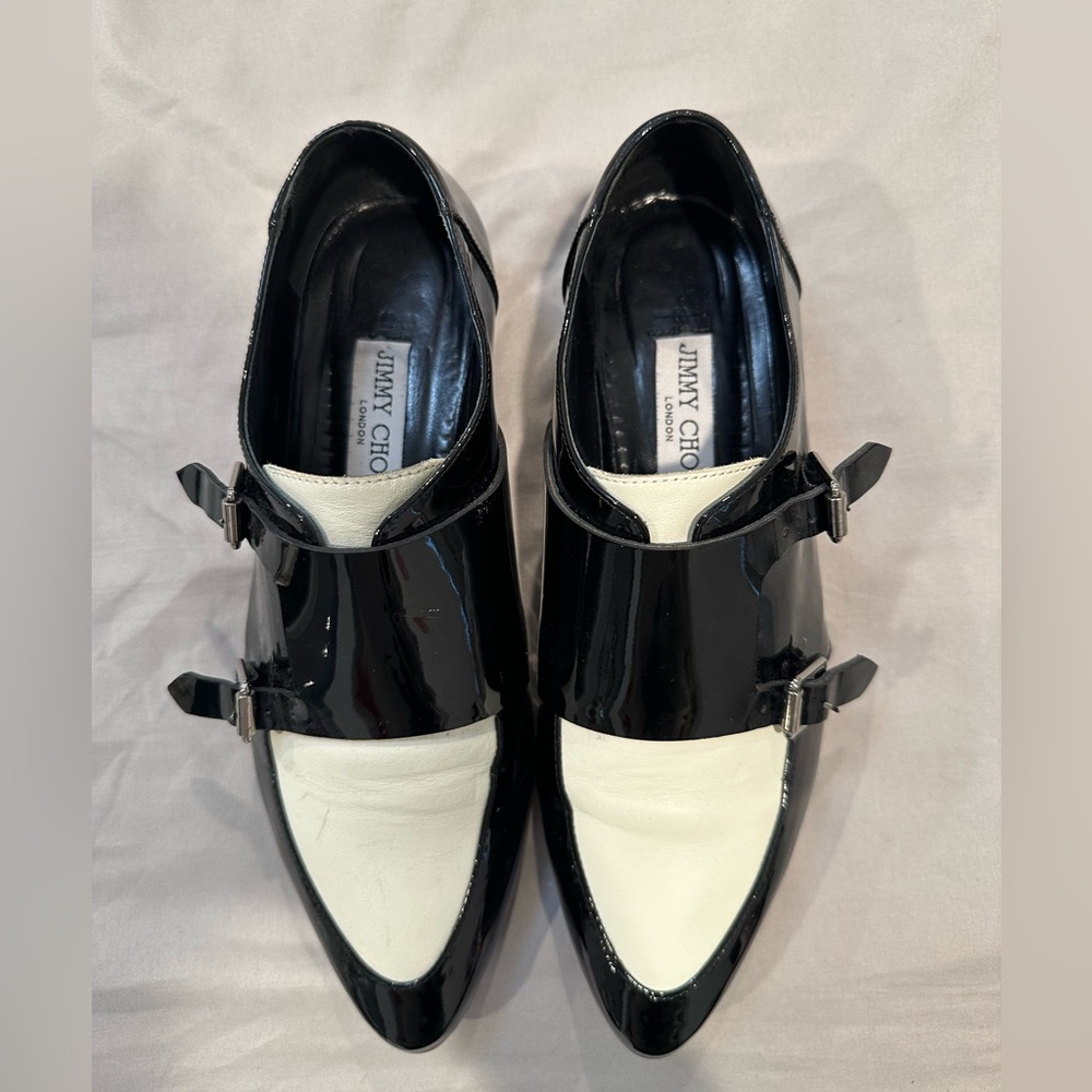 Jimmy Choo white black monk strap loafer